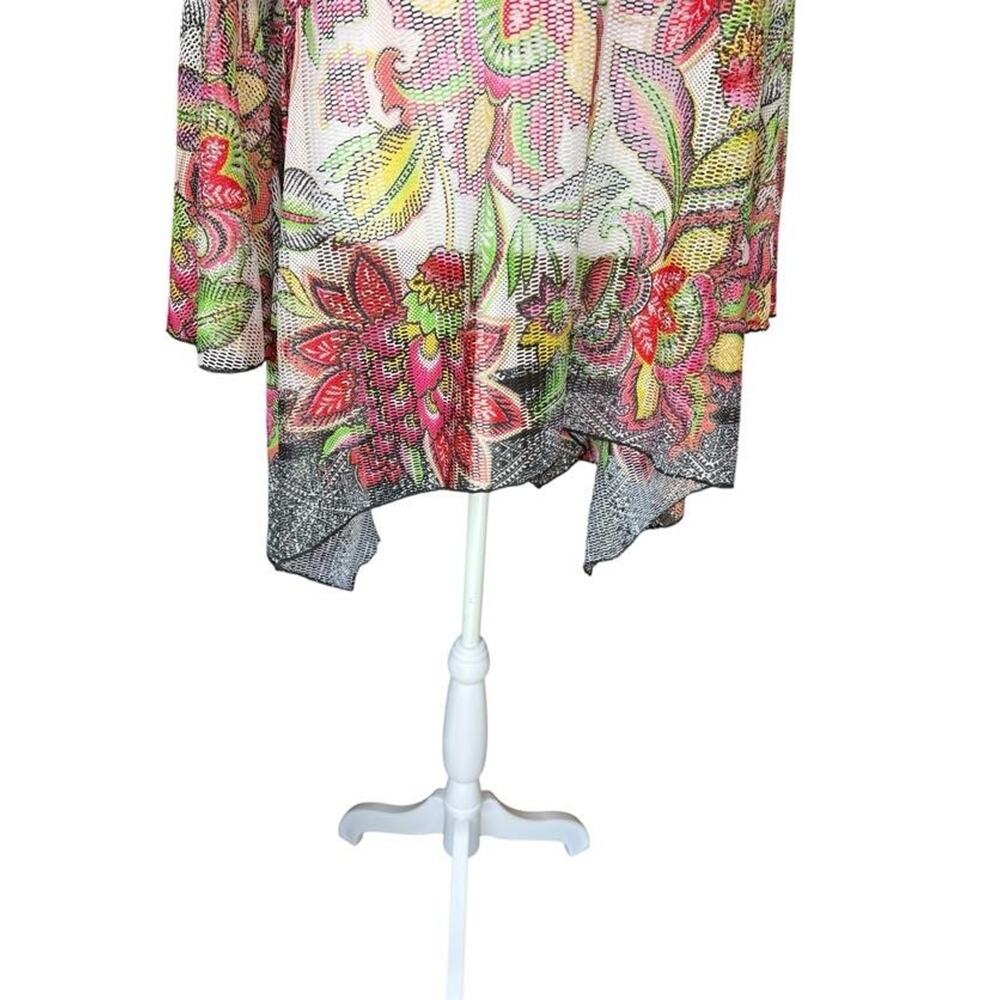 Dor Dor Couture Asymmetrical Hem Open Knit Mesh Long Bell Sleeve Floral Medium - Picture 8 of 8